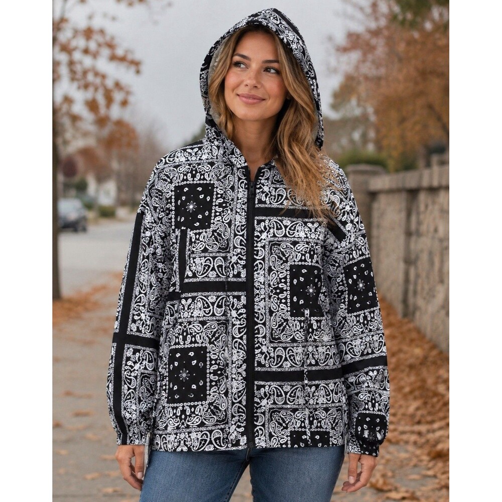 SHEIN Curve 0XL Bandana Print Zip Hooded Lightweight Jacket Black White Plus 0XL